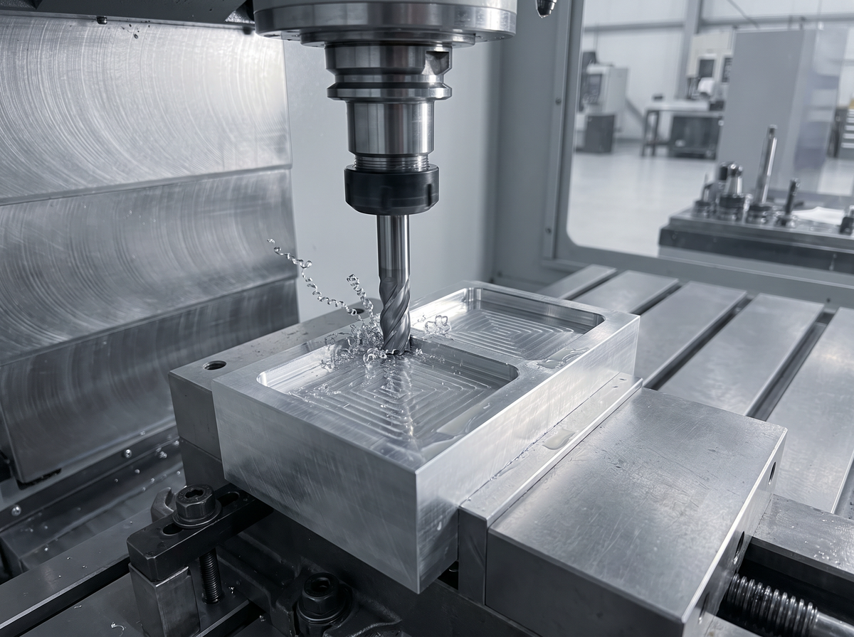 A cutting tool working a block of metal, fine swarf curling away from the edge.