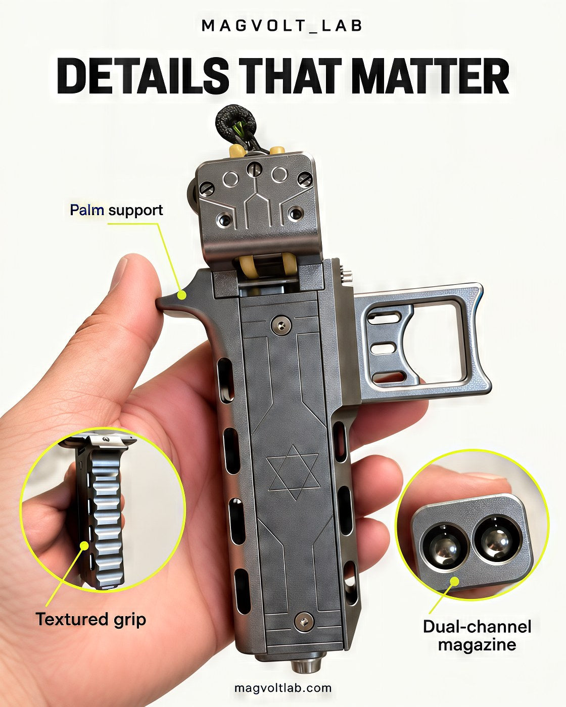 The V11 in the hand with callouts for the palm support, the textured grip and the dual-channel magazine