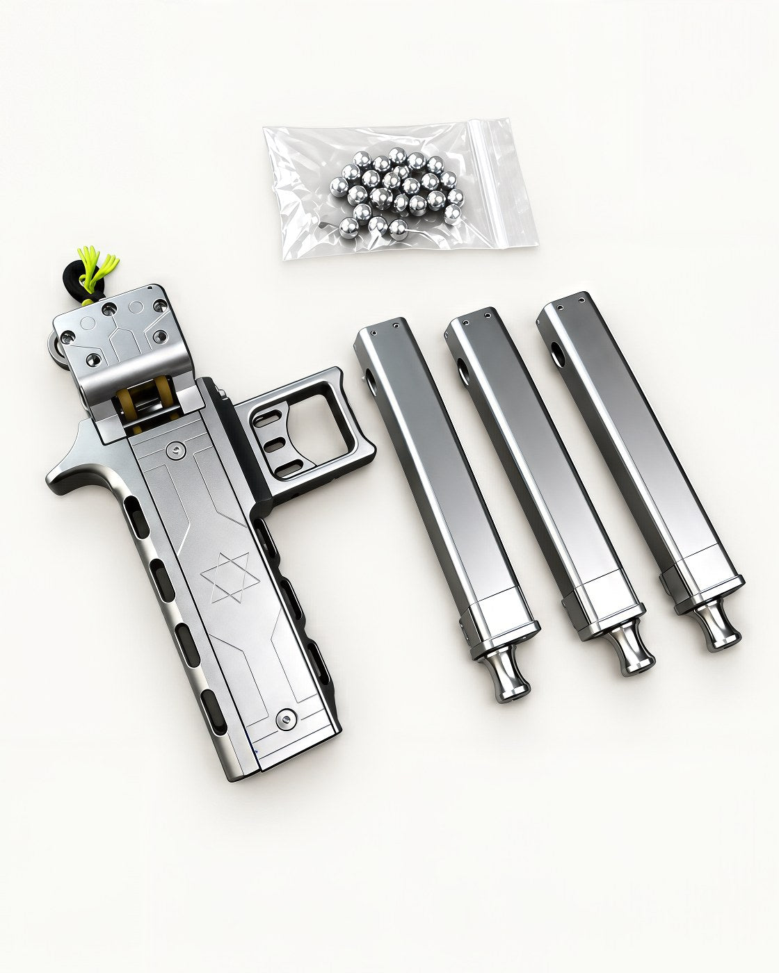 The frame laid out with three magazines and a bag of steel rounds