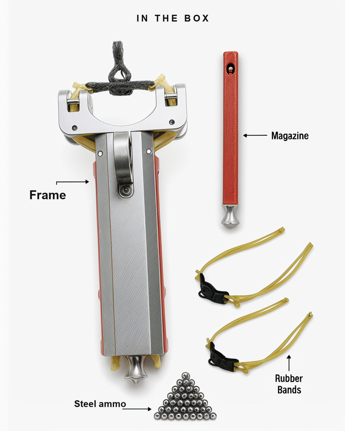 What is in the box, laid out and labelled: the frame, one magazine, two rubber bands and steel ammo