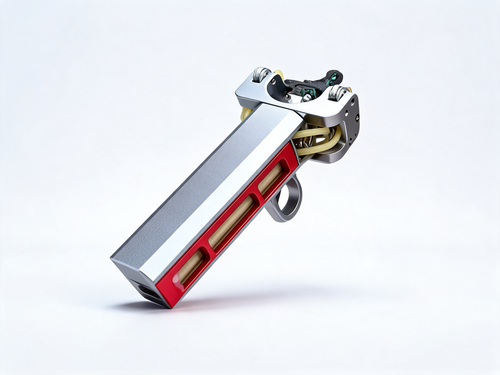 VANTA V10 magazine-fed aluminium launcher, three-quarter view on white: brushed silver 6061-T6 body, red anodised magazine channel and stainless folding roller fork head
