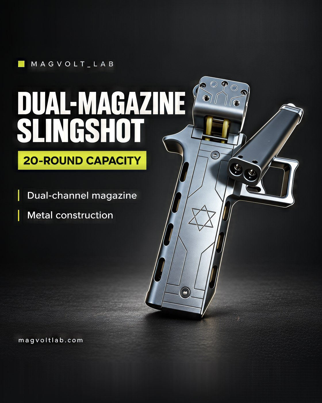 VANTA V11 with its magazine beside it on a dark background. Text reads: dual-magazine, 20-round capacity, dual-channel magazine, metal construction