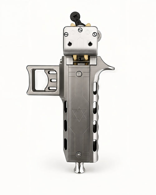 VANTA V11 standing upright, front view of the metal frame with the palm support and fork head