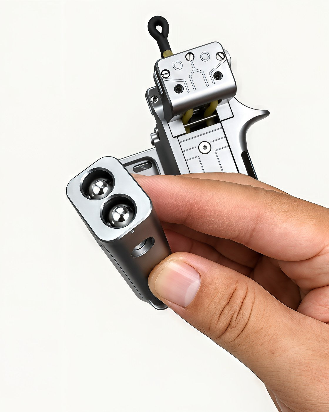 End of the magazine held between two fingers, showing the two channels side by side with a steel round in each