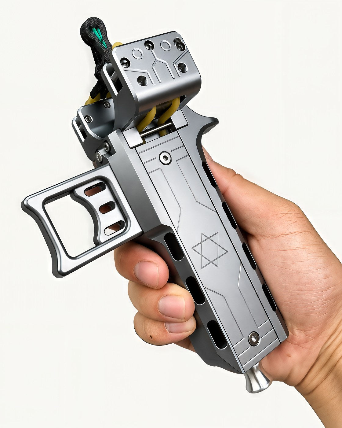 The V11 held in one hand, front and side of the metal body
