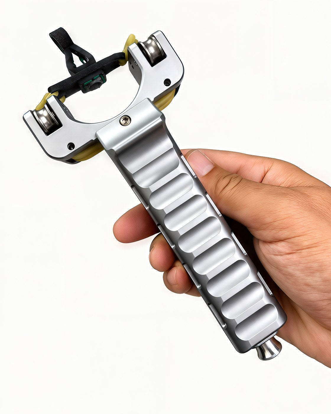 The V11 held from behind, showing the ribbed grip and the fork head