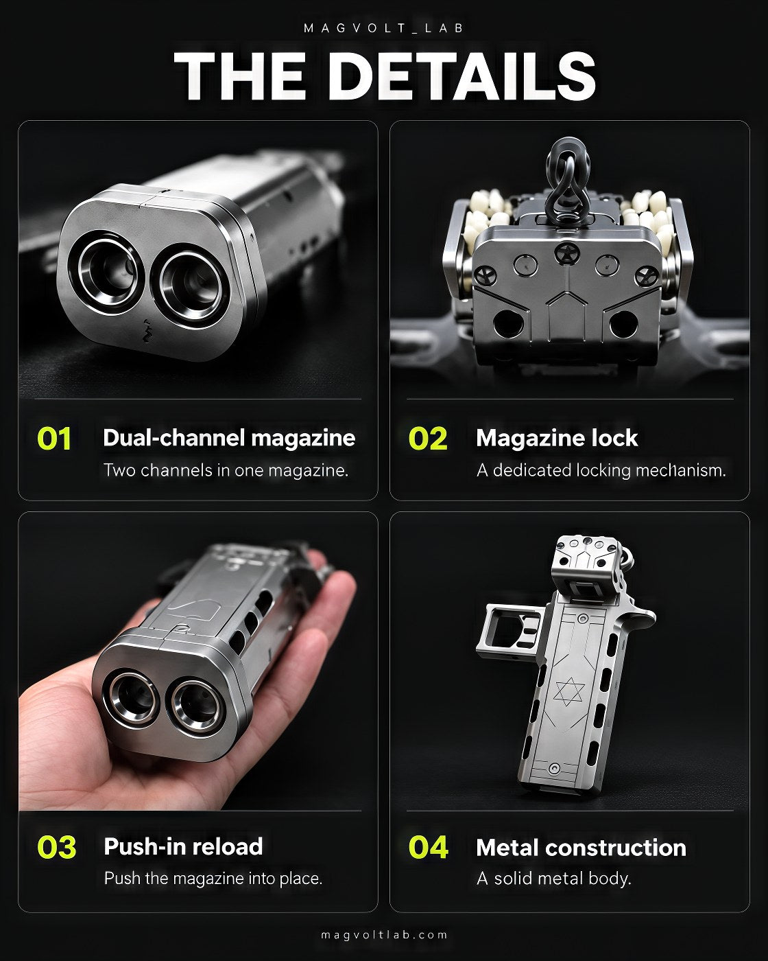 Four close views: the dual-channel magazine, the magazine lock, the push-in reload and the metal body